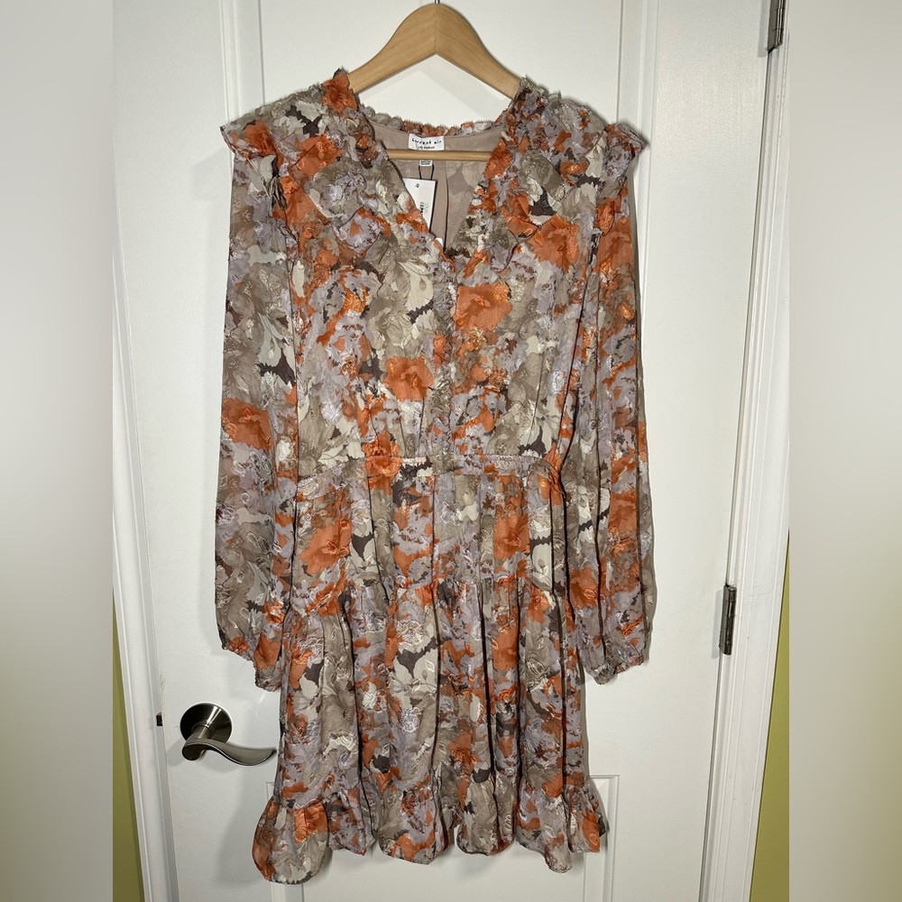 Anthropologie Current Air Dress Womens Orange Metallic Floral Long Sleeve Size M